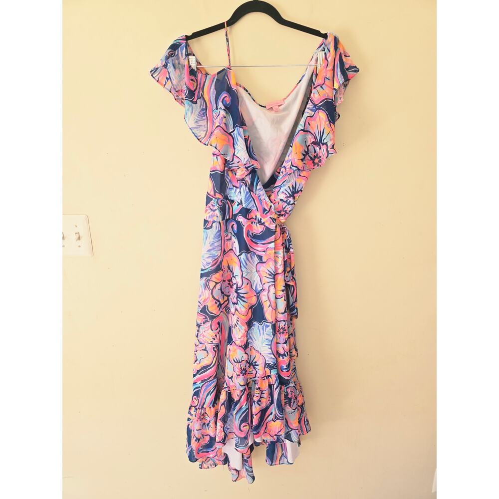 Lilly Pulitzer Marianna One Shoulder Floral Ruffle Wrap Midi Dress Size L - Picture 2 of 9